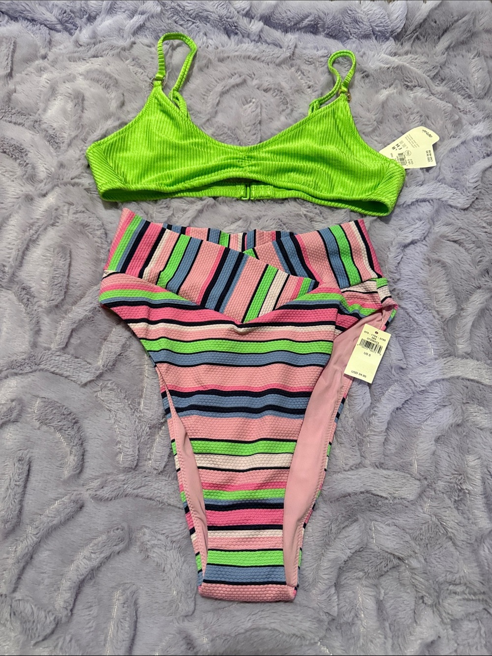 aerie Neon Green Ribbed Bikini Top with Multicolor Striped High-Waist Bottoms